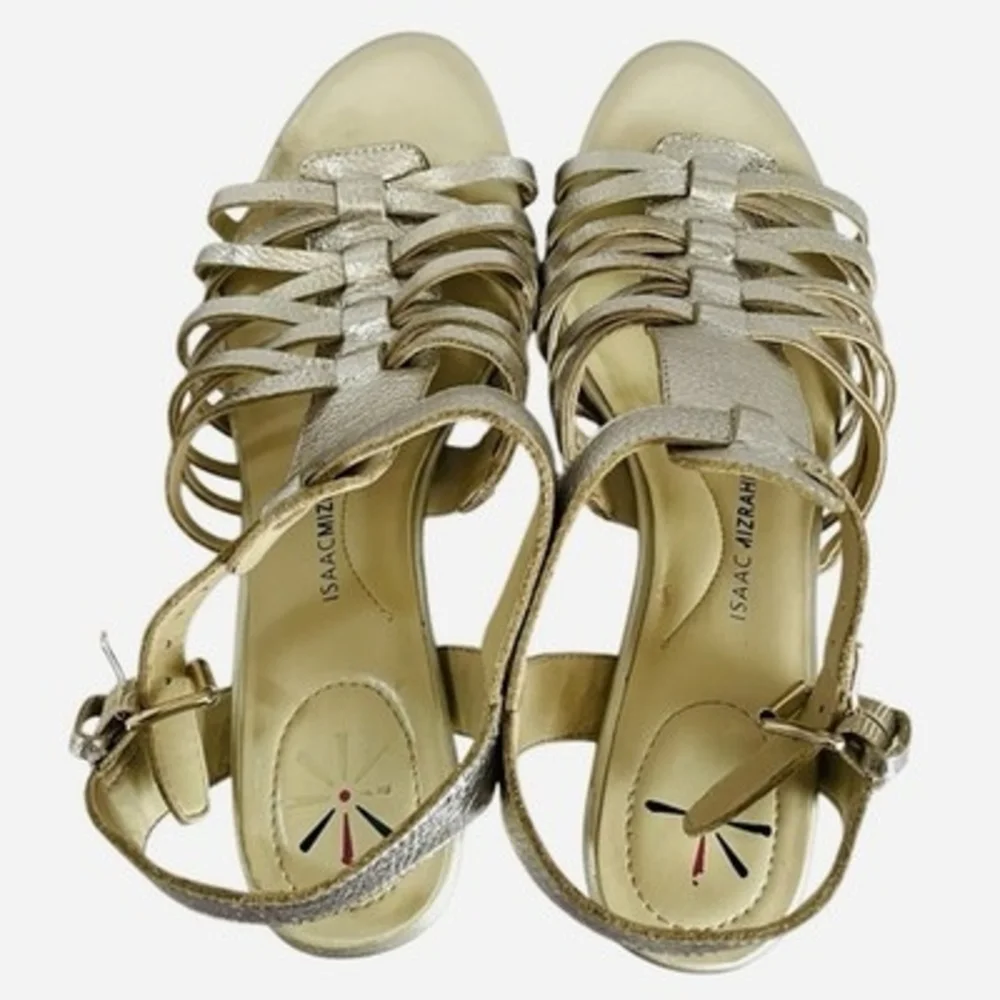 Isaac Mizrahi Live Simmer Gold Metallic Leather Fisherman Cork Wedge Sandal 7M